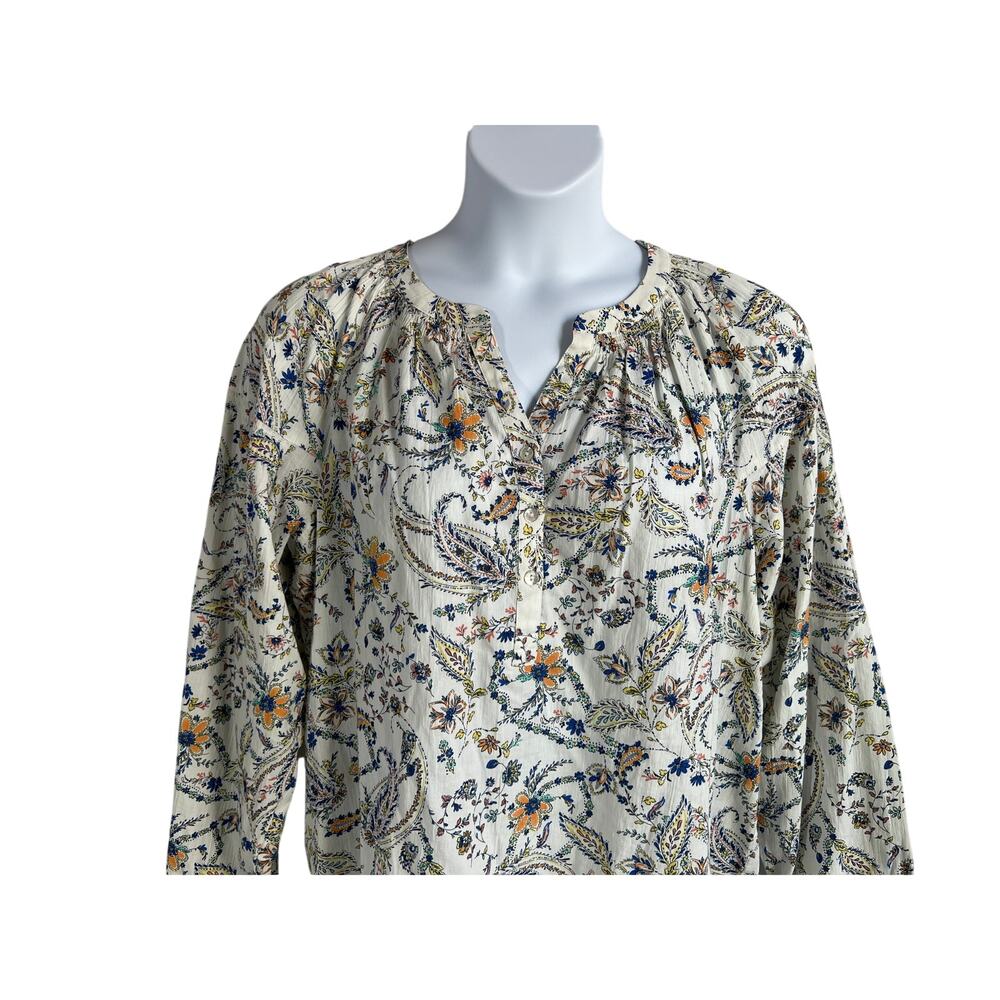 J. JILL TOP WOMENS LARGE 100% COTTON FLORAL POPOVER BLOUSE WHITE MULTI BOHO - Picture 5 of 12